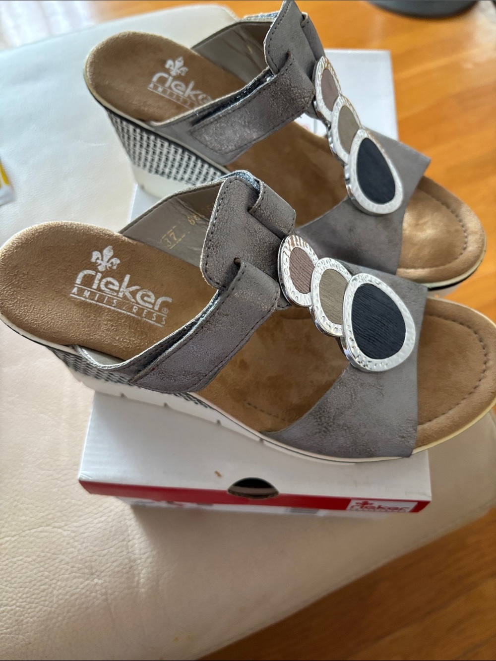 Rieker Metallic Taupe Wedge Sandals with Silver and Black Accents